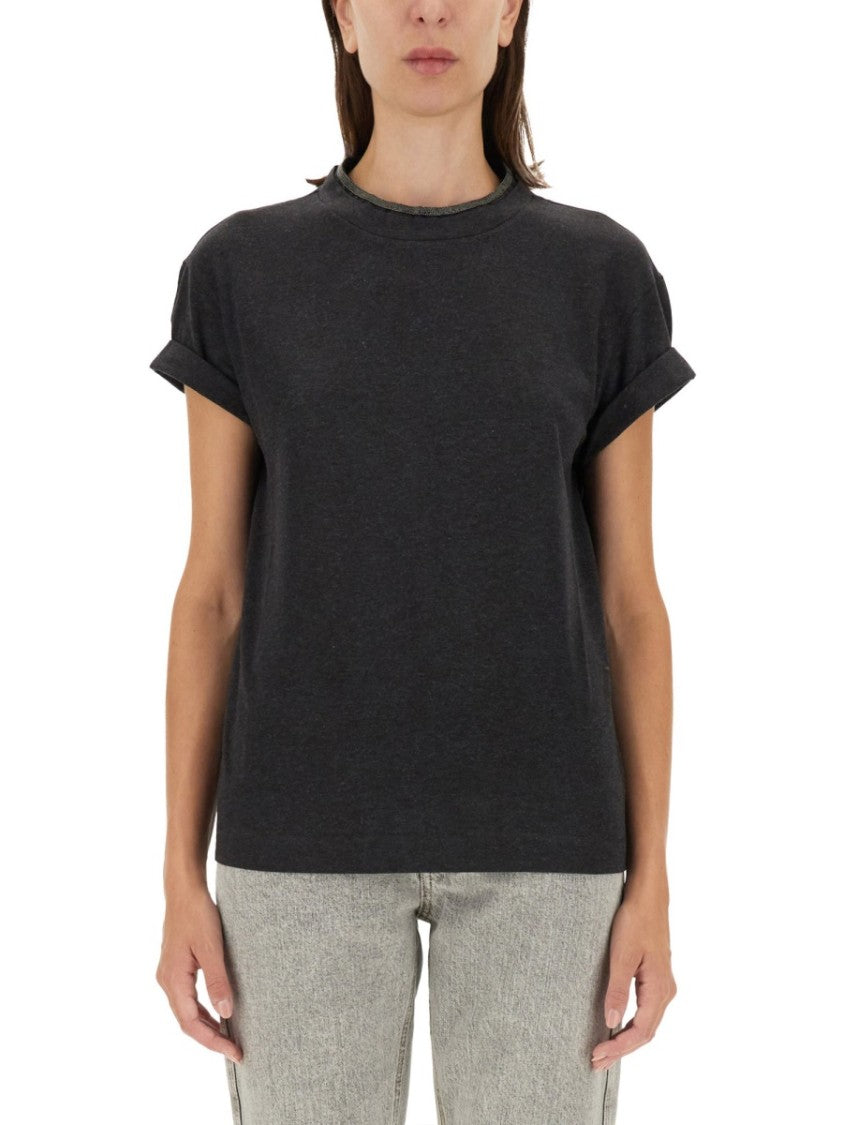 Brunello Cucinelli Classic Black Jersey T-Shirt With Subtle Keyhole Detail