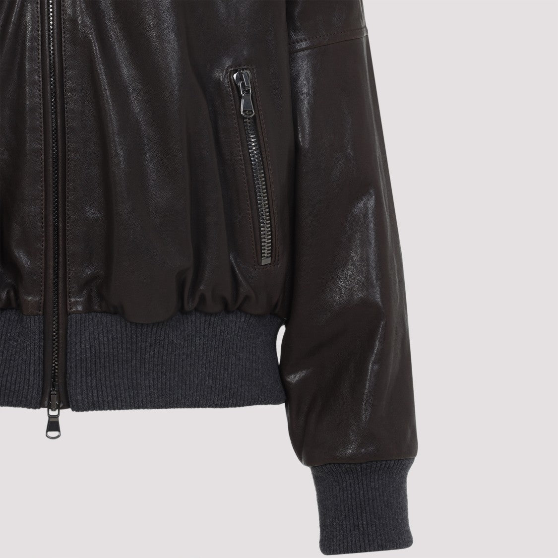 Brunello Cucinelli Coffee Brown Leather Shearling Collar Jacket