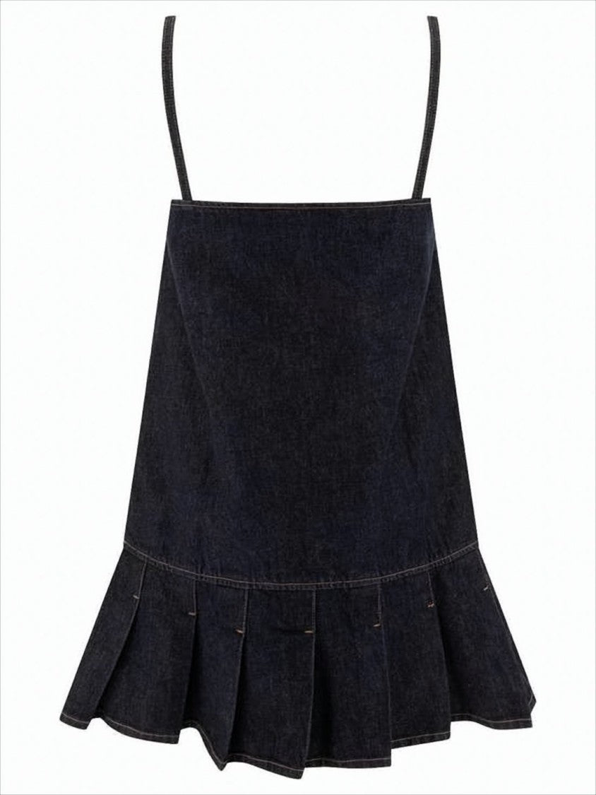 Ganni Ruffled Hem Denim Mini Dress With Thin Shoulder Straps