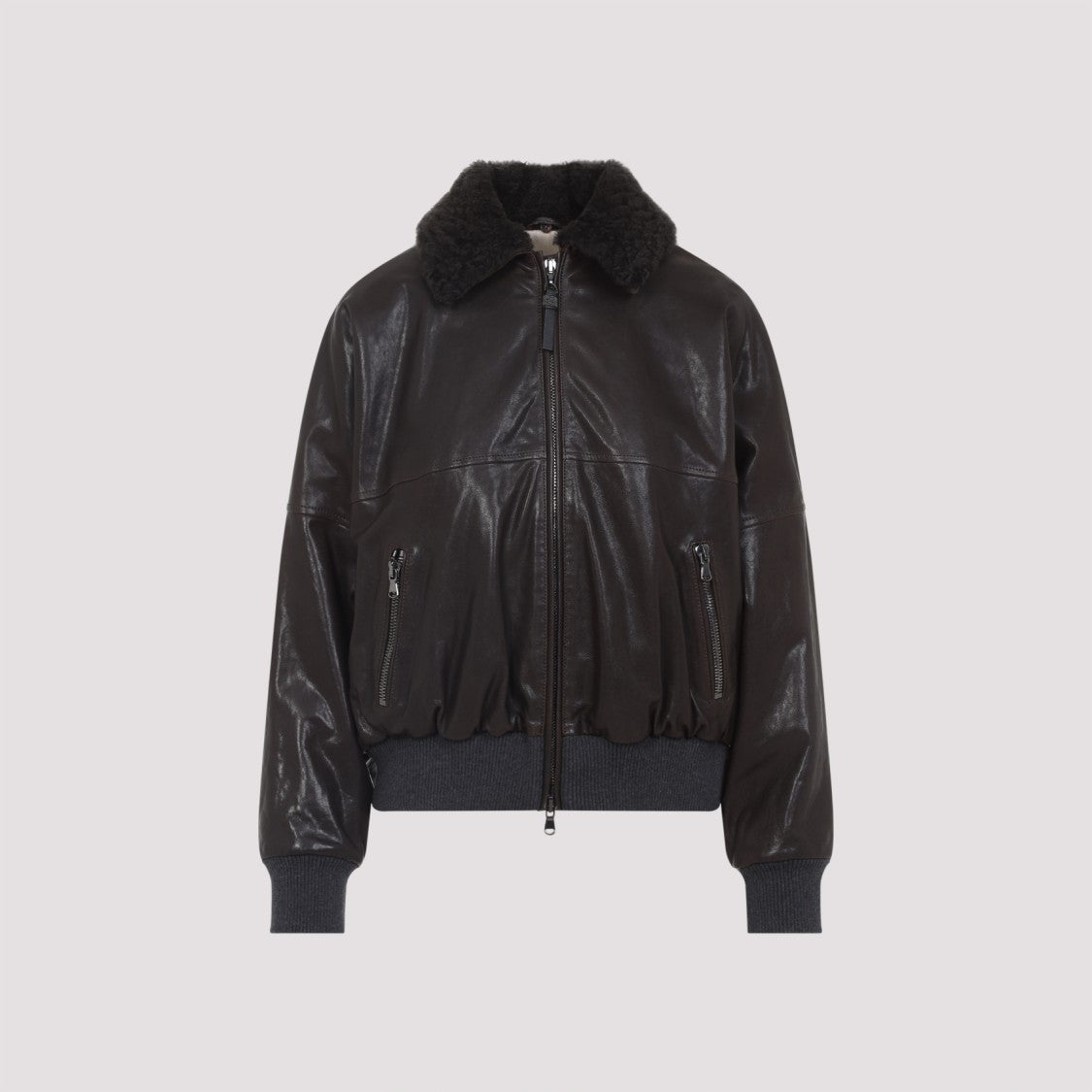 Brunello Cucinelli Coffee Brown Leather Shearling Collar Jacket