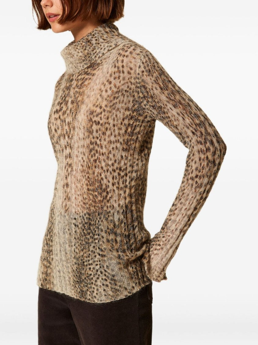 Twin-Set Ribbed Knit Sweater With Animal-Inspired Pattern