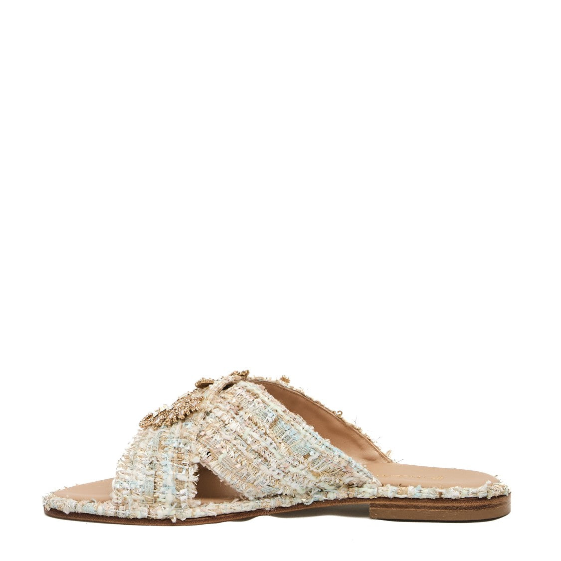 Paola Fiorenza Blue And Pink Bouclè Slipper With Rhinestones