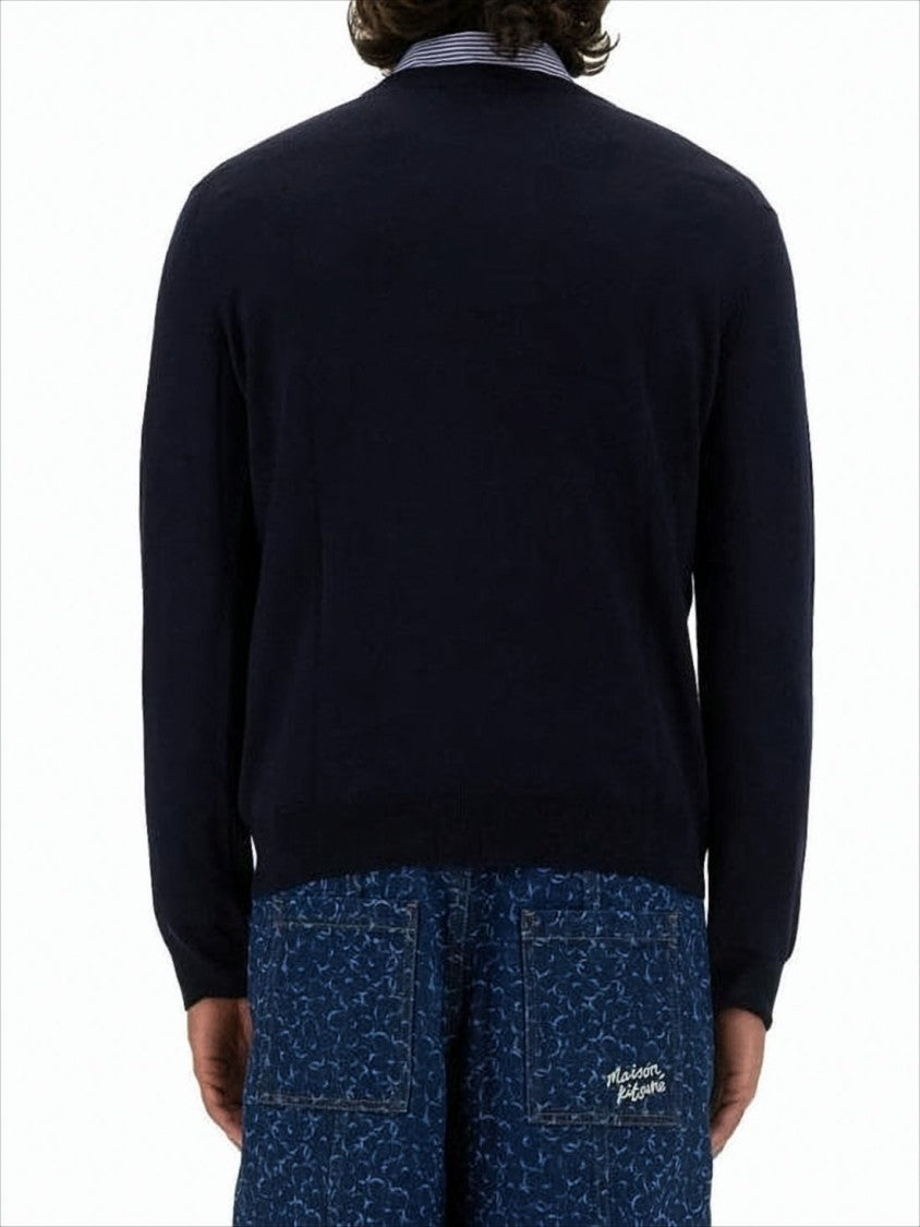 Maison Kitsuné Solid Dark Navy Crew Neck Sweater With Tailored Fit