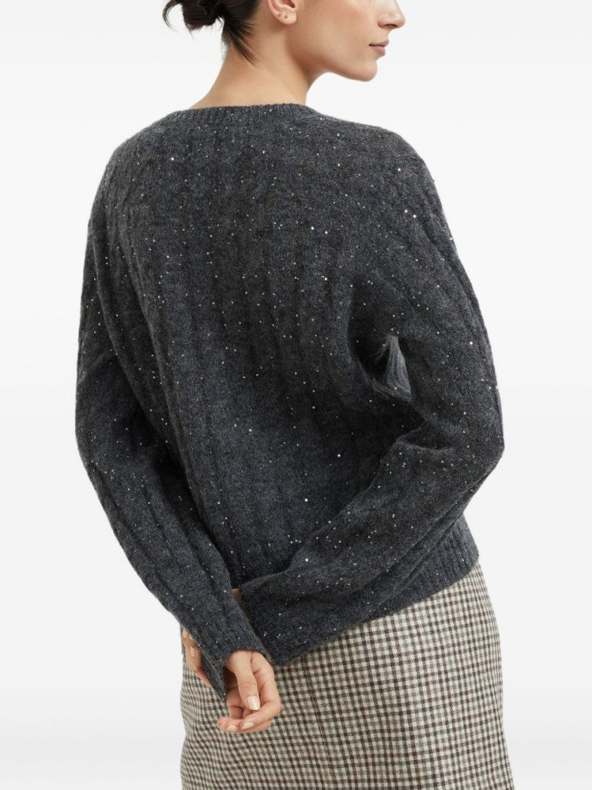 Brunello Cucinelli Anthracite Grey Cable Knit Wool Sweater