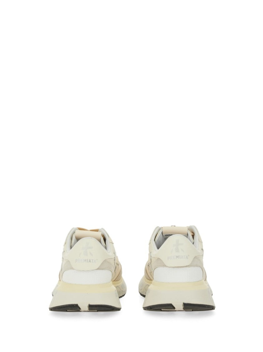 Premiata Light Beige Calf Leather Low-Top Sneakers With Metallic Accents