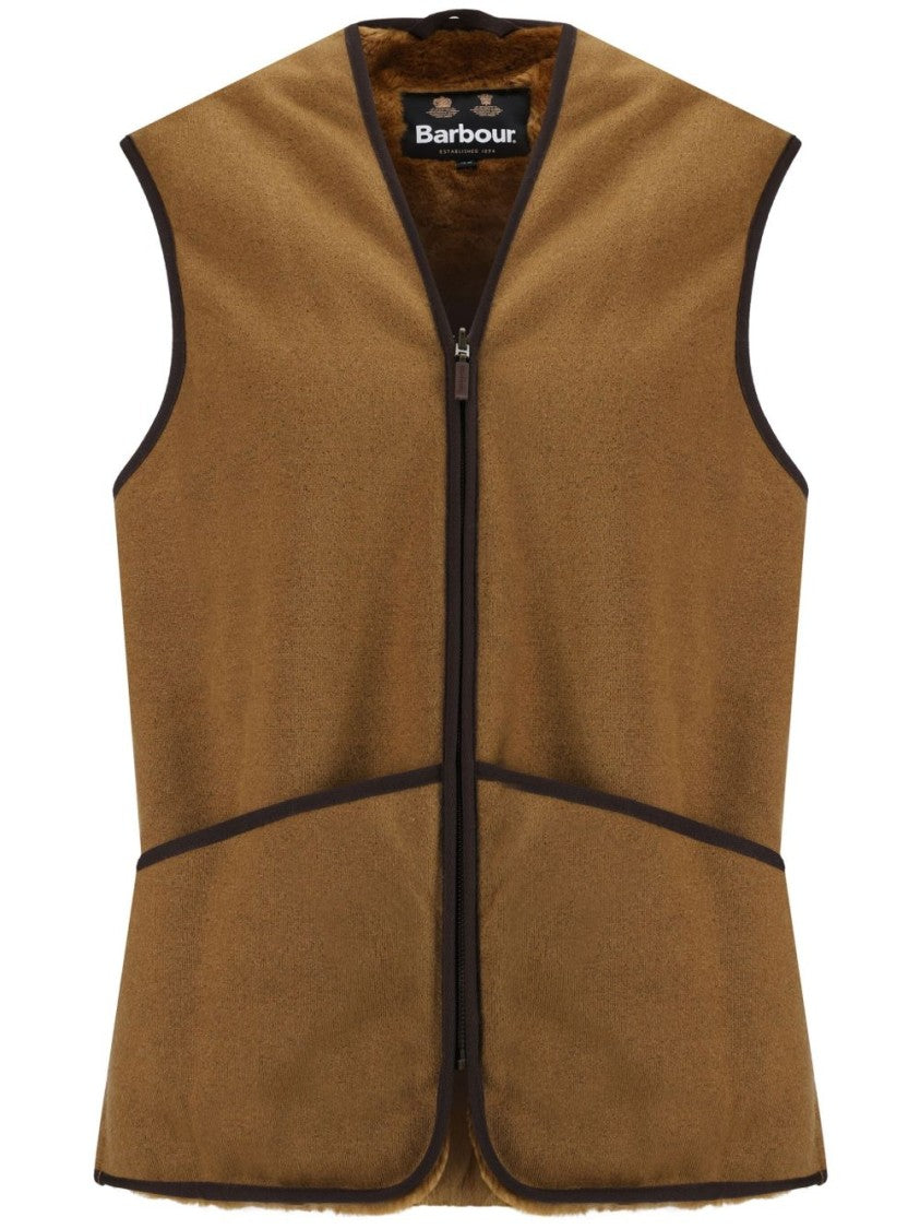 Barbour Camel Brown Knitted Waistcoat With Contrast Trim And Faux-Fur Lining