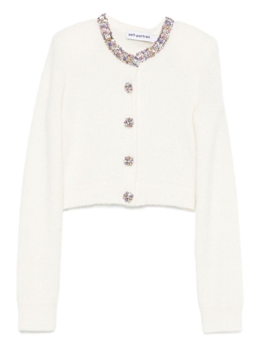 Self-Portrait Cropped Beige Sweater With Jeweled Embellishments