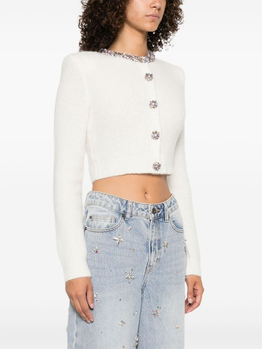 Self-Portrait Cropped Beige Sweater With Jeweled Embellishments