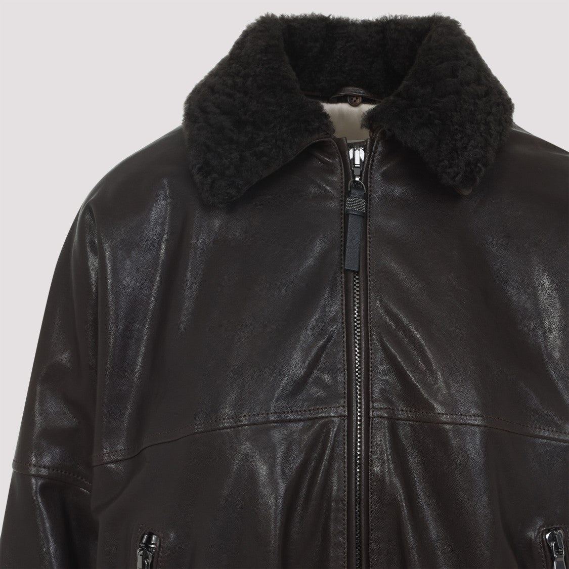 Brunello Cucinelli Coffee Brown Leather Shearling Collar Jacket