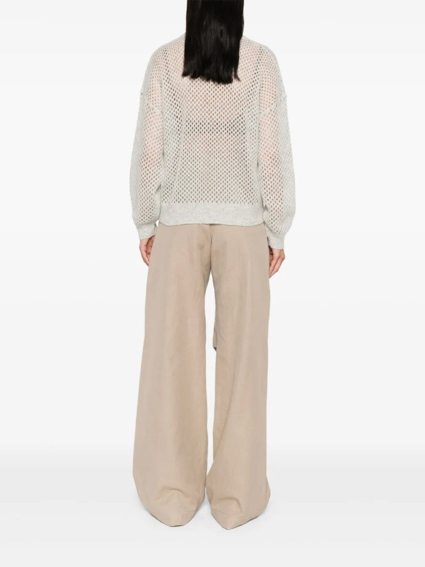 Brunello Cucinelli Open-Knit Long-Sleeve Sweater With Relaxed Silhouette