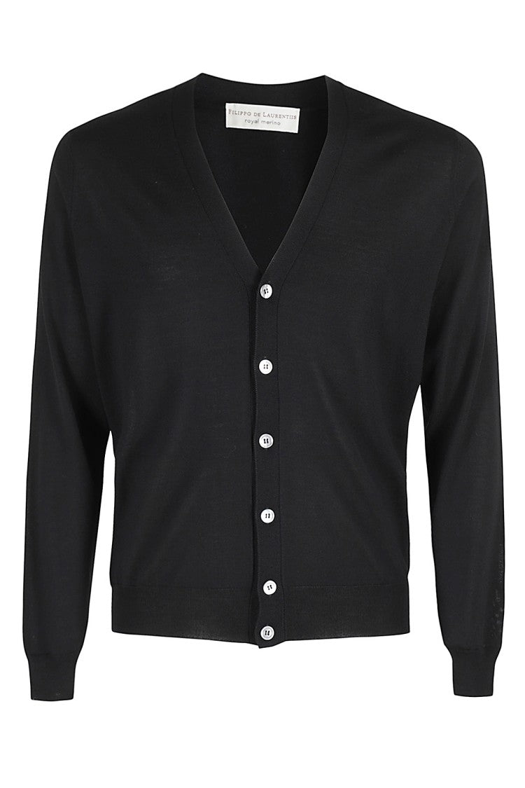 Filippo De Laurentis Fitted Black Merino Wool Cardigan With V-Neck Design