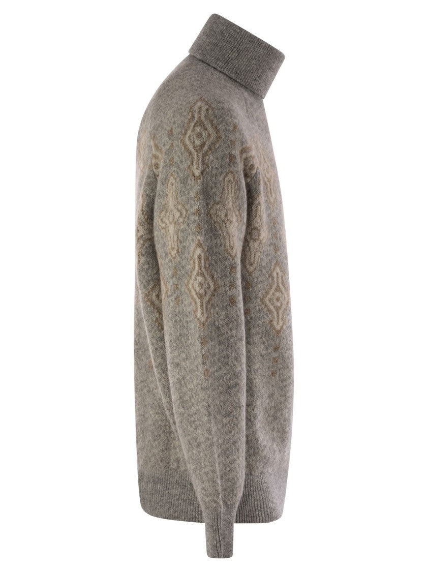 Brunello Cucinelli Geometric Jacquard Turtleneck Sweater In Alpaca, Cotton