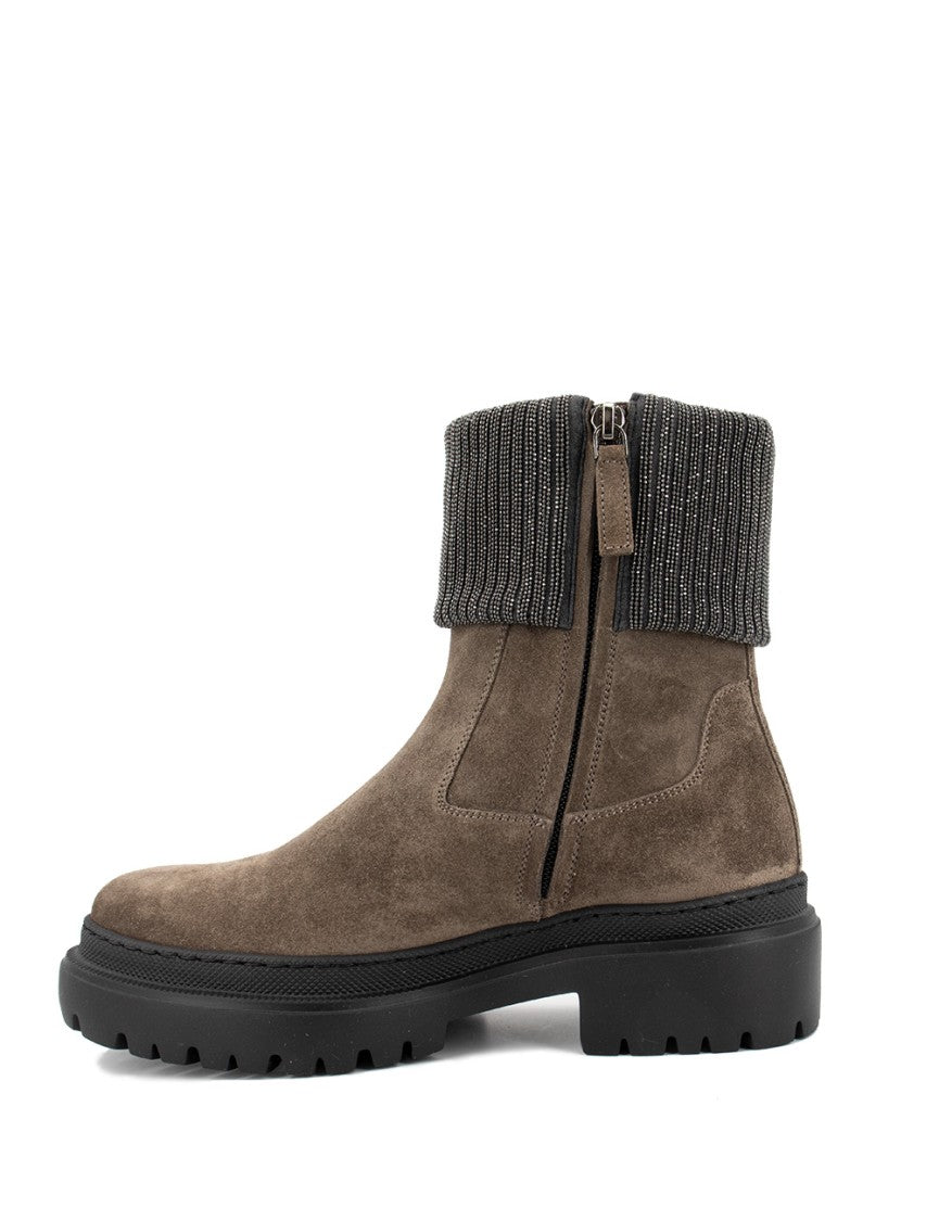 Brunello Cucinelli Ankle Boots With Ribbed Knit Cuff And Shimmering Embroidery