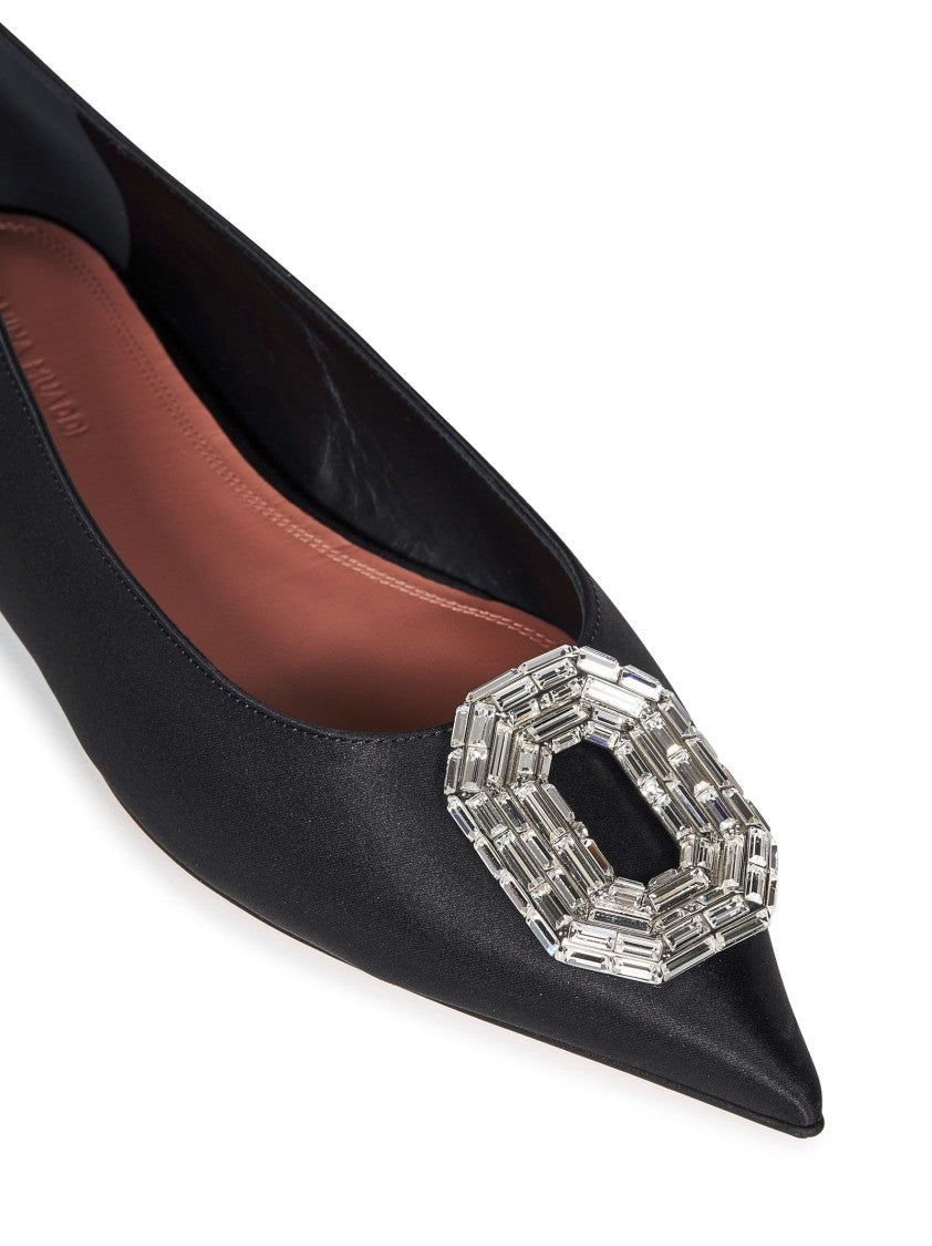 Amina Muaddi Black Flat Shoes With Crystal Brooch