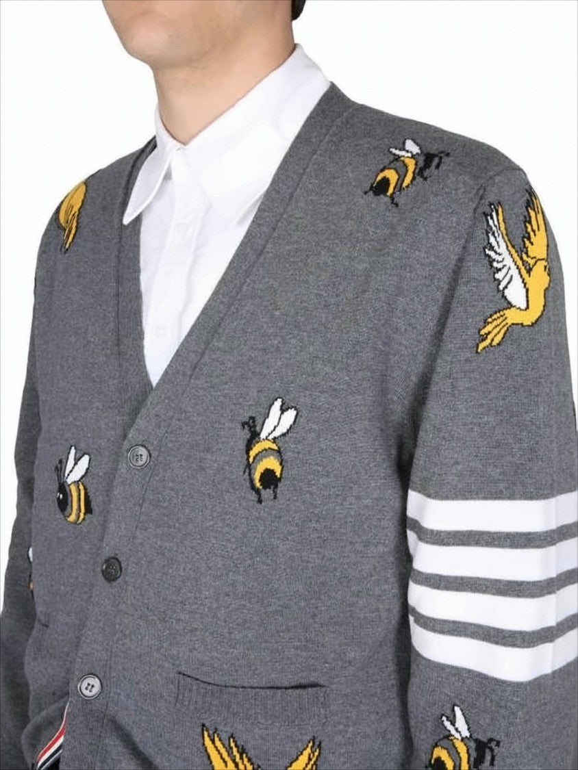 Thom Browne Grey Knit Cardigan With Embroidered Bees And Birds