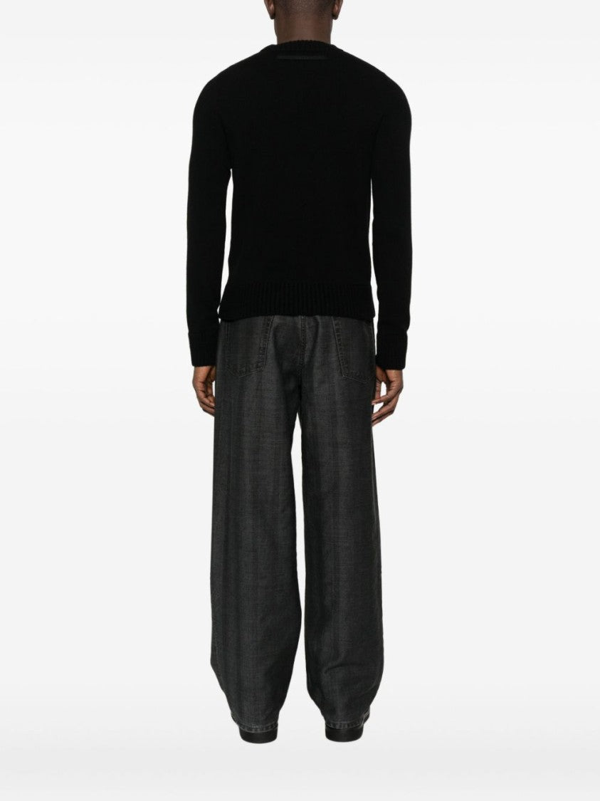 Sacai Classic Crew Neck Black Knitted Sweater With Ribbed Detailing