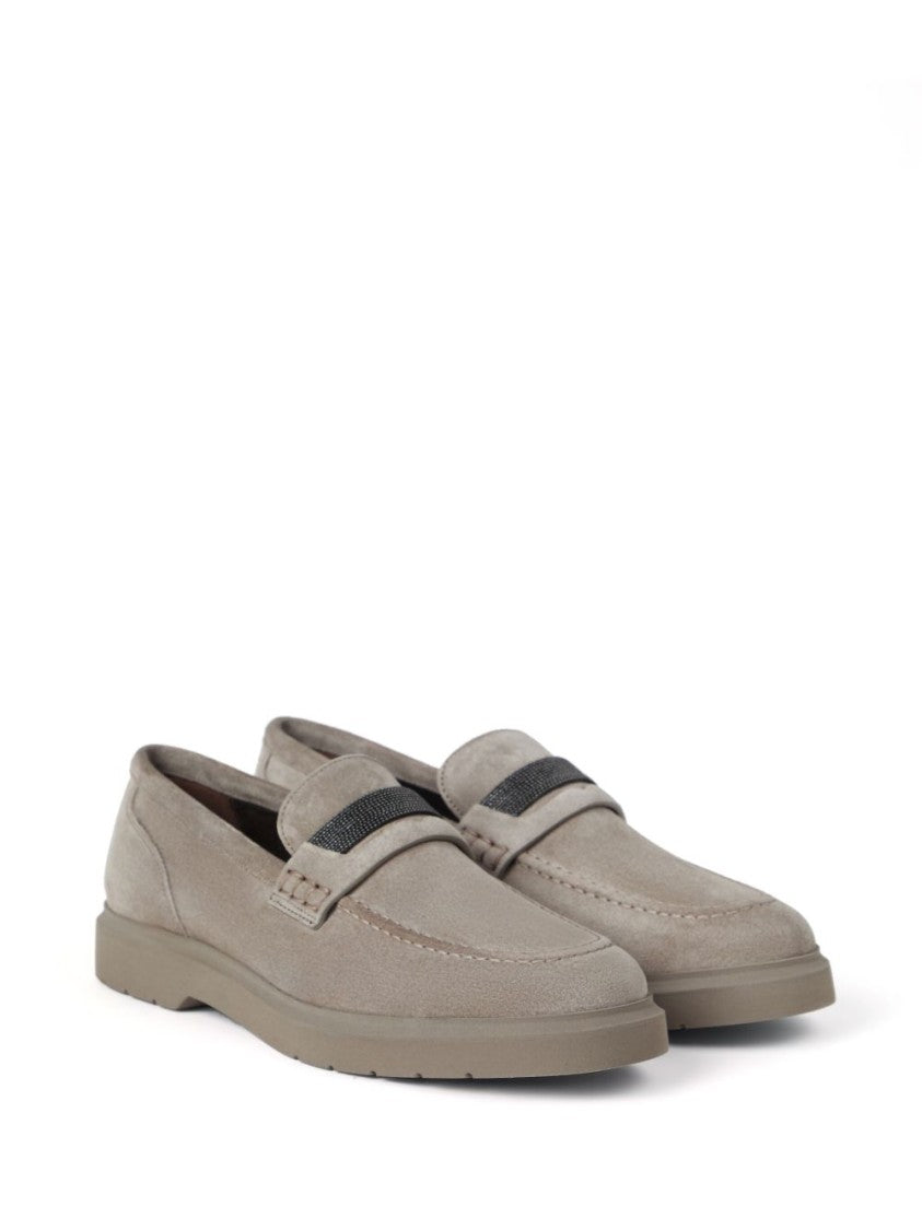 Brunello Cucinelli Beige Suede Moccasin With Crystal Embellishment
