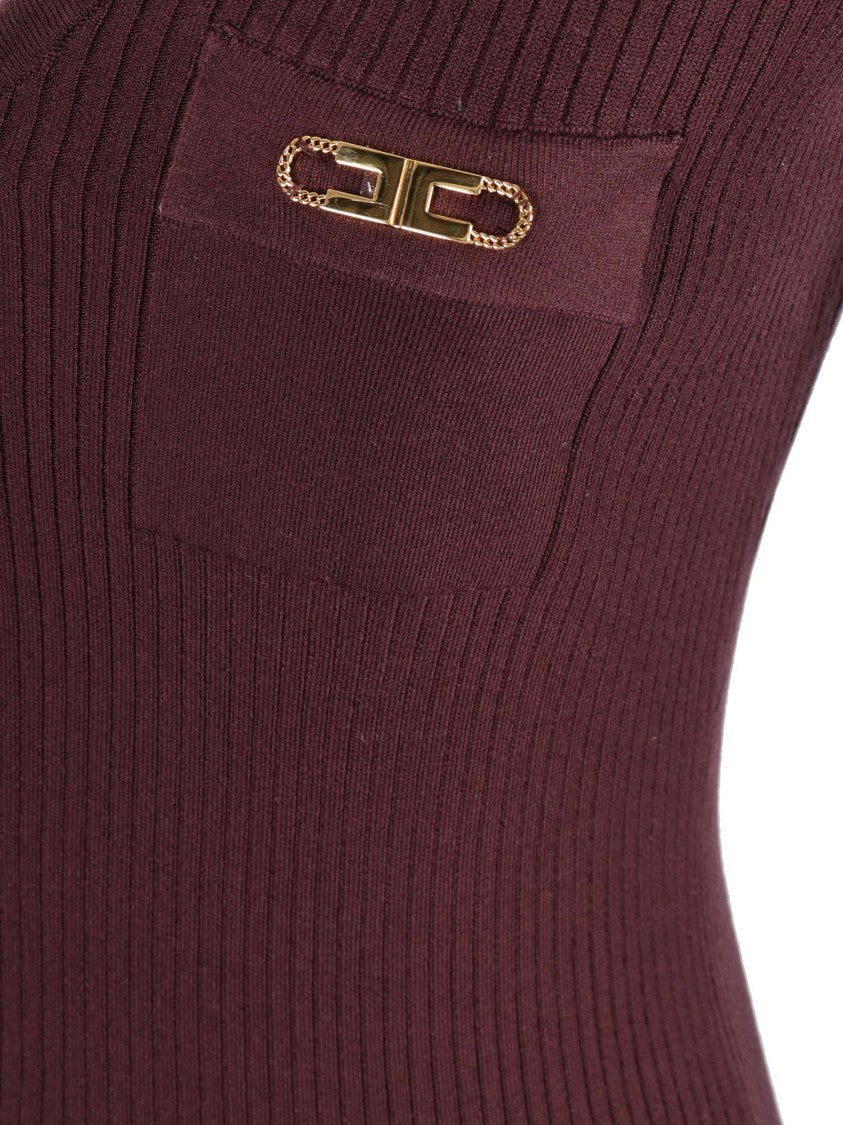 Elisabetta Franchi Fitted Ribbed Knit Top With Decorative Buttons And Gold Accent
