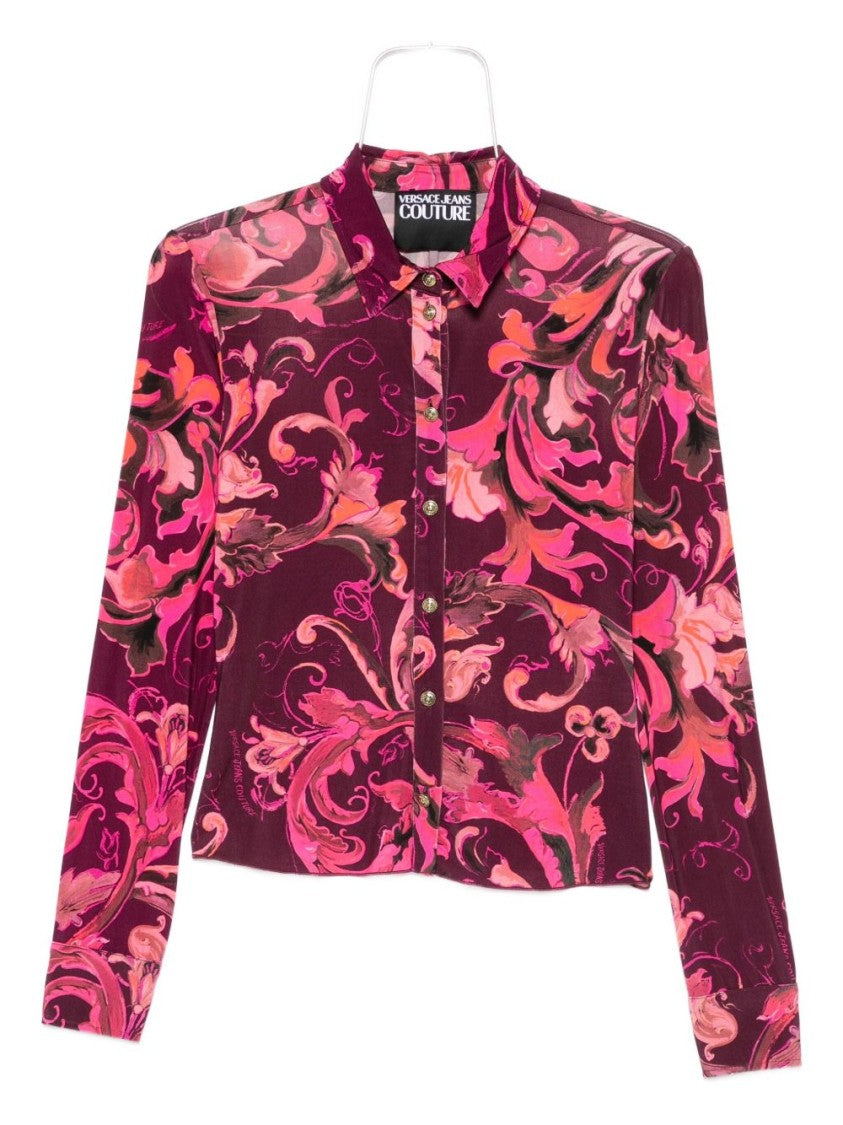 Versace Jeans Couture Baroque-Inspired Fitted Shirt In Deep Burgundy