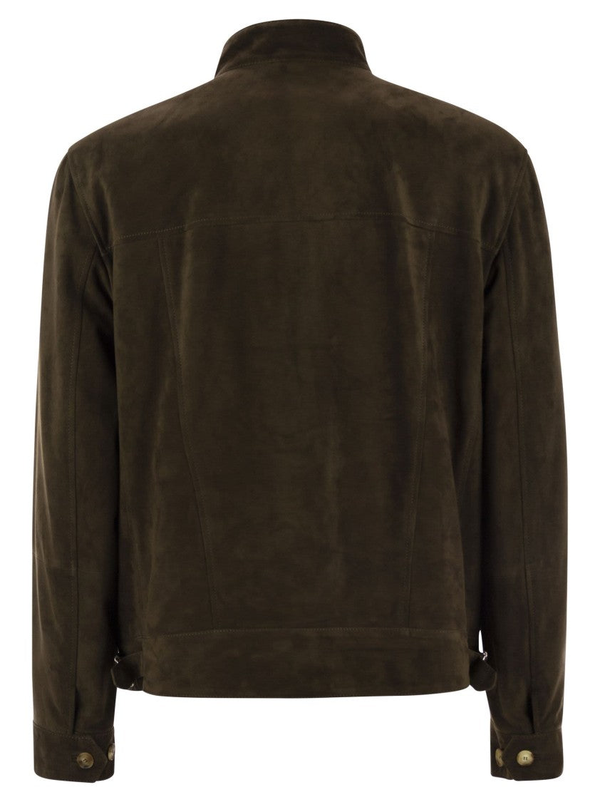 Brunello Cucinelli Brown Suede Zipped Jacket With Iconic Detailing