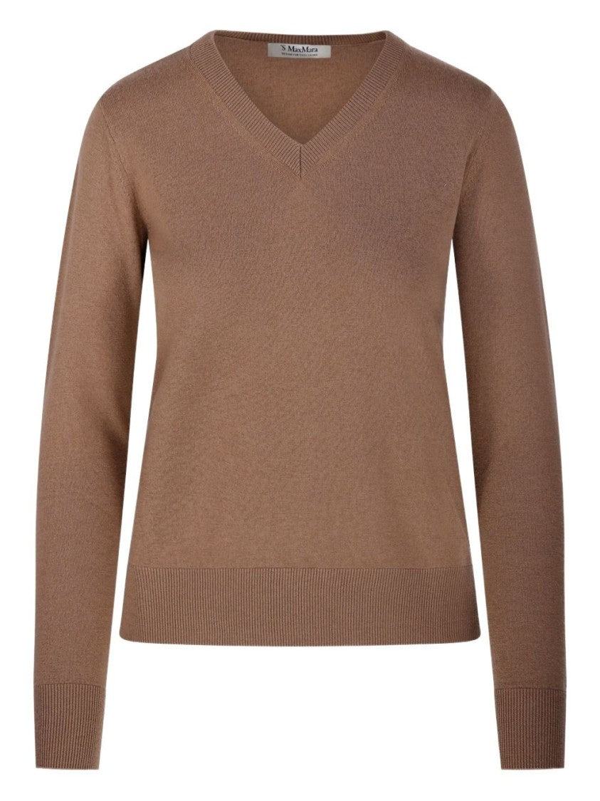Max Mara Camel V-Neck Knit Sweater With Ribbed Cuffs