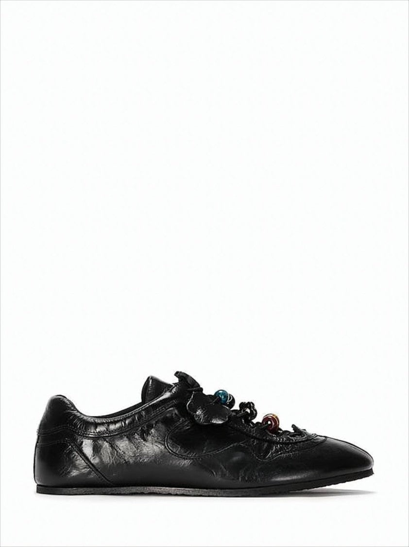 Cecilie Bahnsen Pointed Toe Black Cowhide Flats With Floral Appliqués