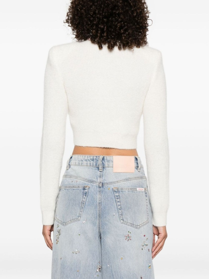 Self-Portrait Cropped Beige Sweater With Jeweled Embellishments
