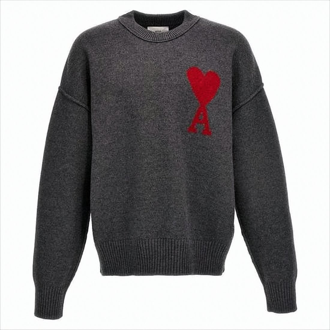 Ami Relaxed Fit Grey Wool Sweater With Heart Emblem