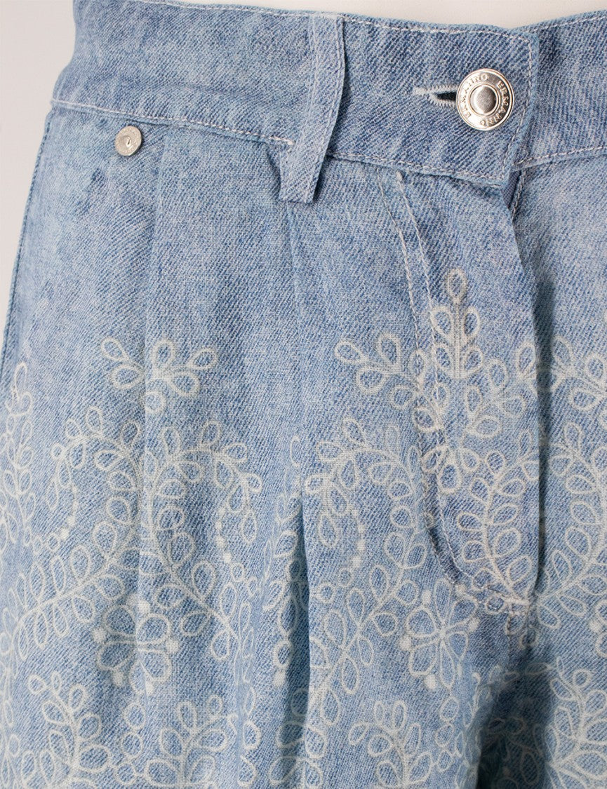 Ermanno Firenze Denim Pattern Linen Shorts