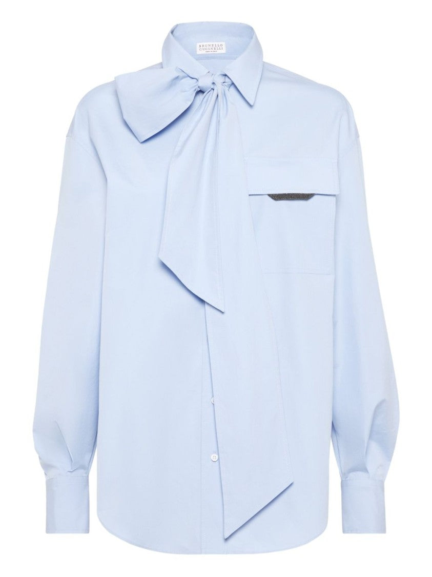Brunello Cucinelli Light Blue Shirt With Oversized Bow Tie And Relaxed Fit