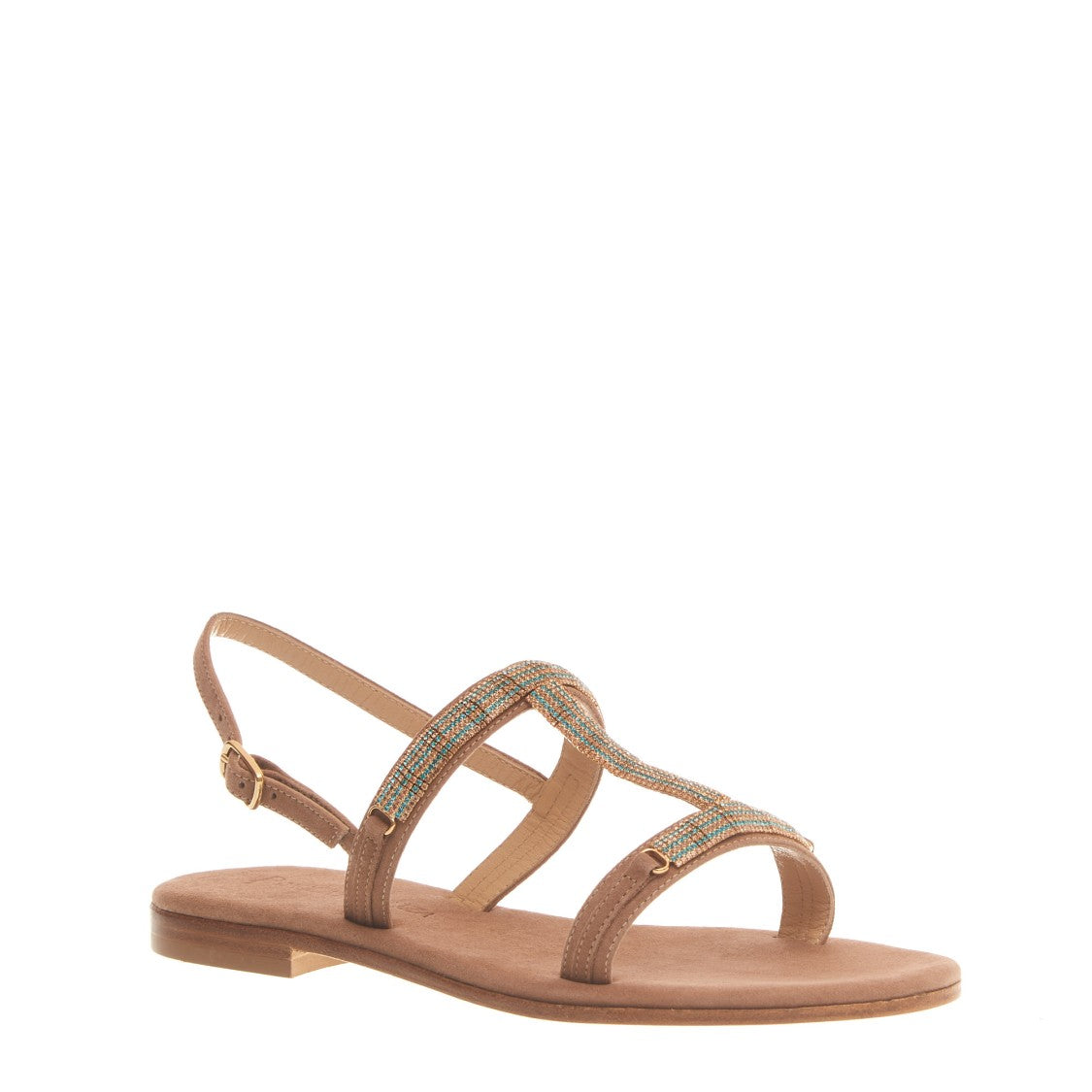 Paola Fiorenza Beige Suede Sandal With Blue And Copper Crystals