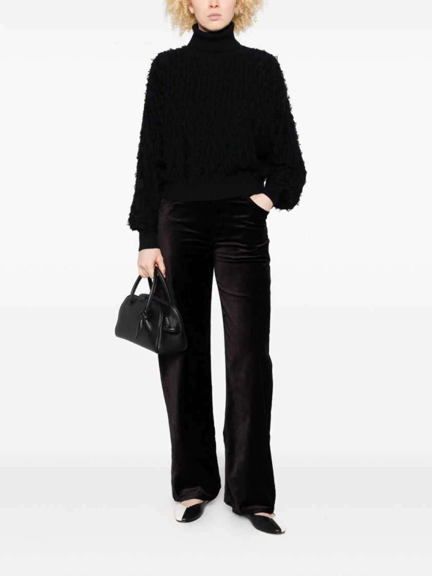 Twin-Set Textured Black Turtleneck Sweater With Ballooned Sleeves