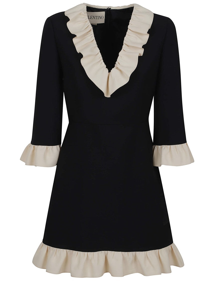 Valentino Garavani Contrasting Ruffled Trim Black Crepe Couture Dress