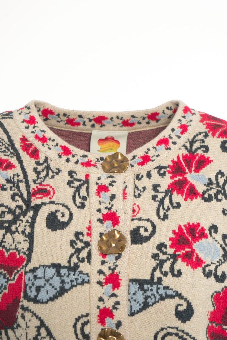 Farm Rio Intricate Floral Knit Cardigan With Decorative Buttons
