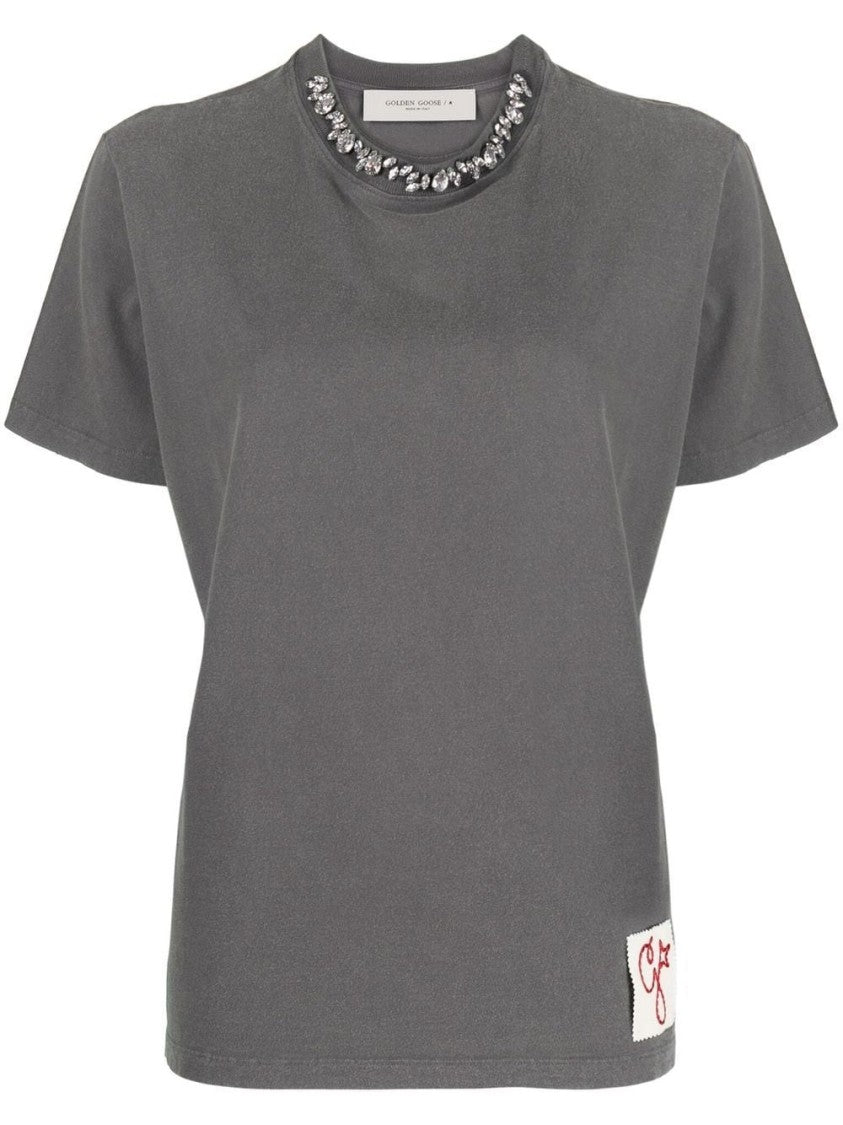 Golden Goose Gray Crew Neck T-Shirt With Decorative Neckline