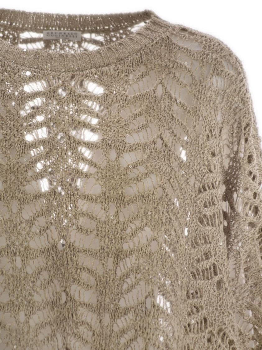 Brunello Cucinelli Foliage Lace Knitted Poncho In Linen