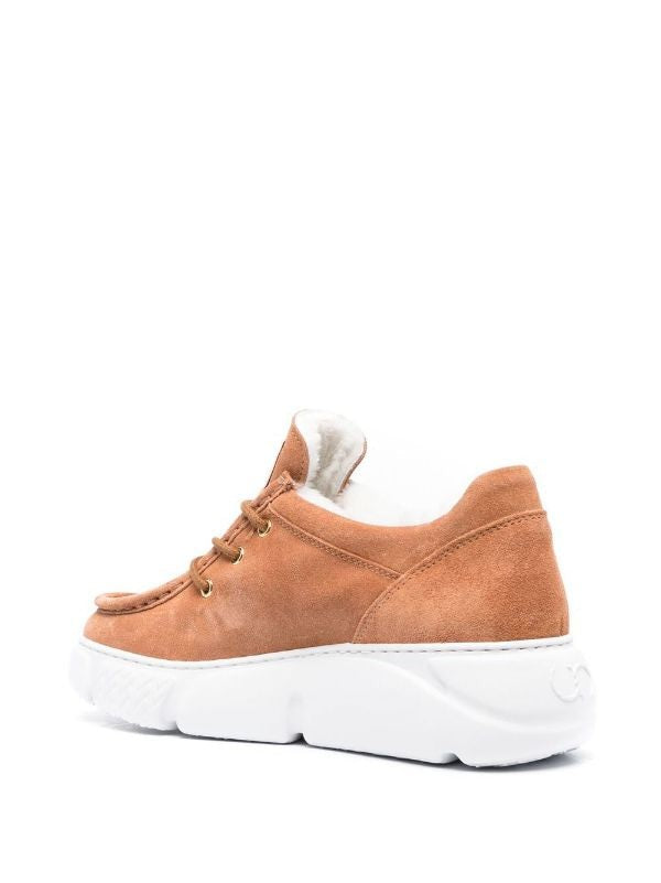 Casadei Moccasin-Toe Brown Leather Sneakers With Plush Wool Lining