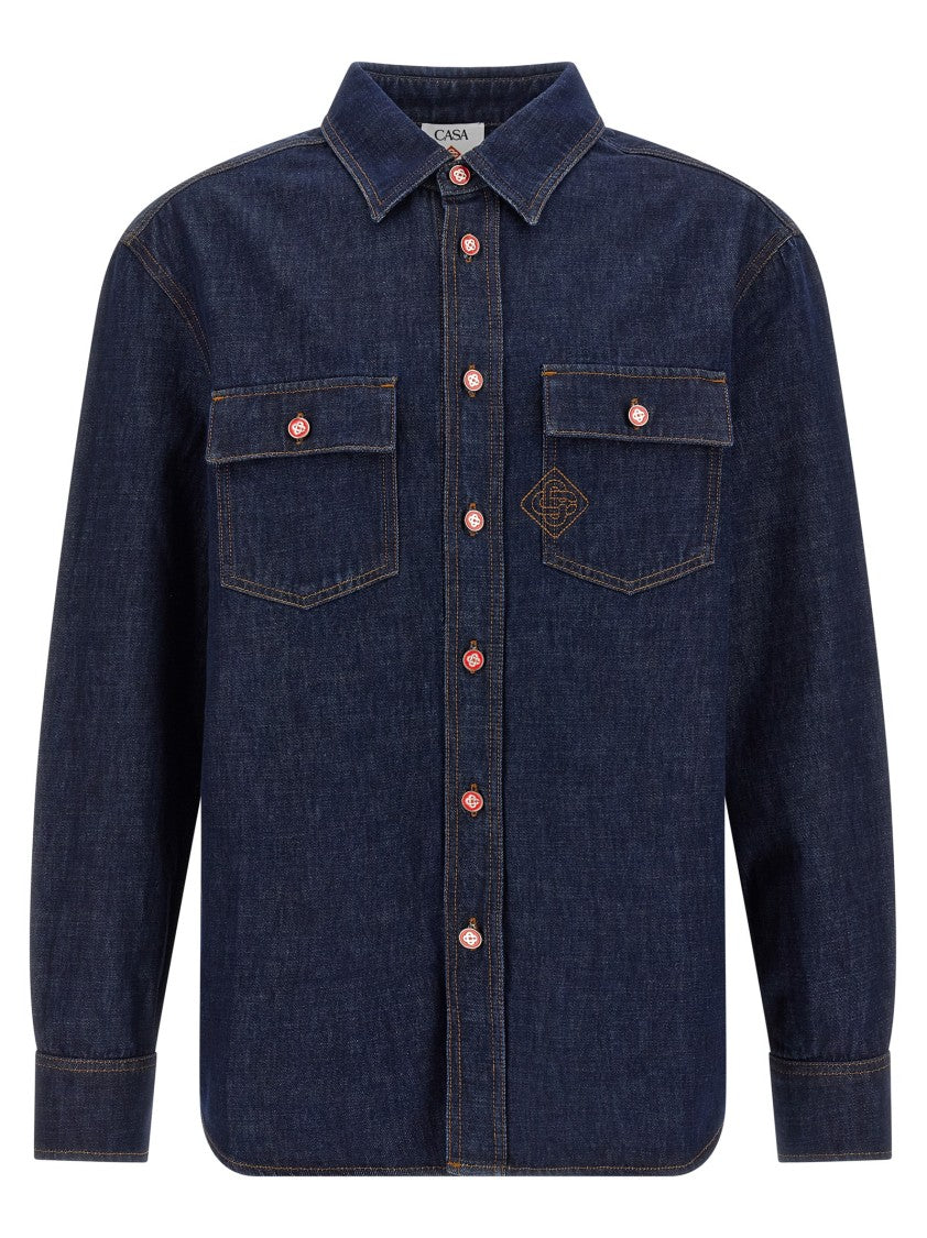 Casablanca Cotton Denim Shirt With Contrast Stitching And Logo Embroidery