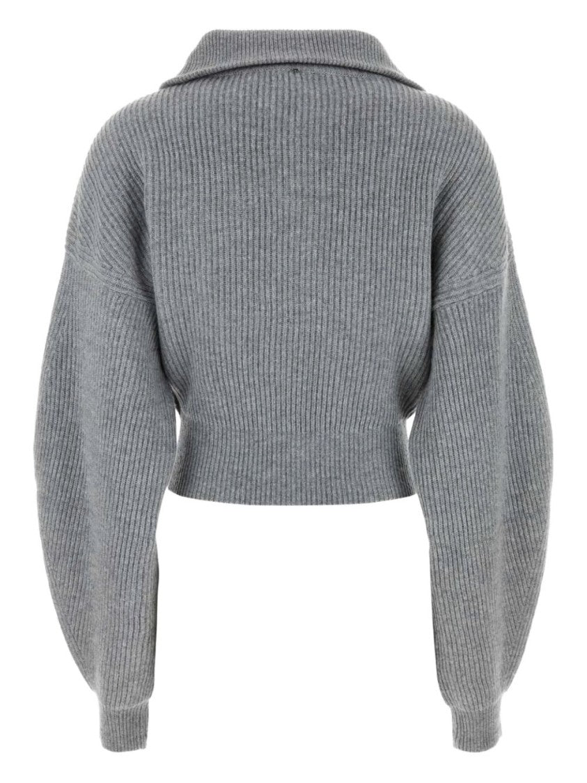 Sportmax Cropped Ribbed Knit Sweater With Balloon Sleeves And Zip Fastening
