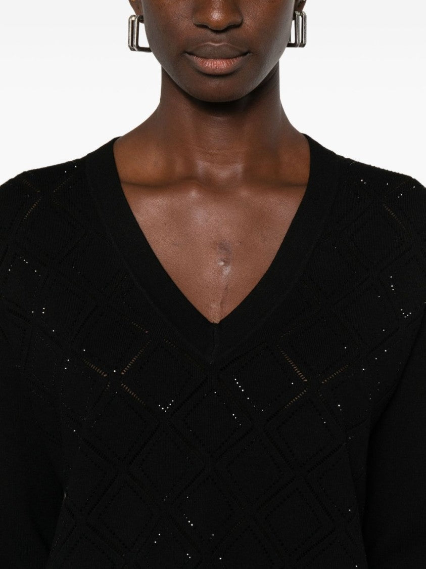 Blugirl Diamond Open Knit V-Neck Black Sweater