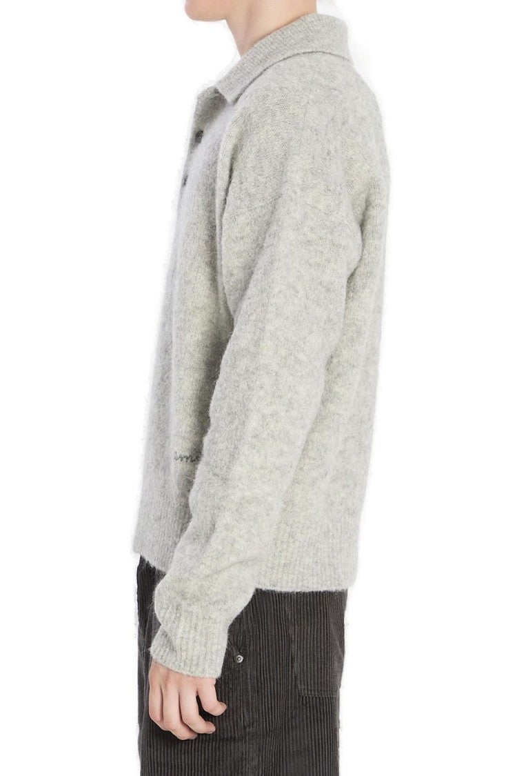 Ami Light Grey Knit Sweater With Polo Collar And Three-Button Placket