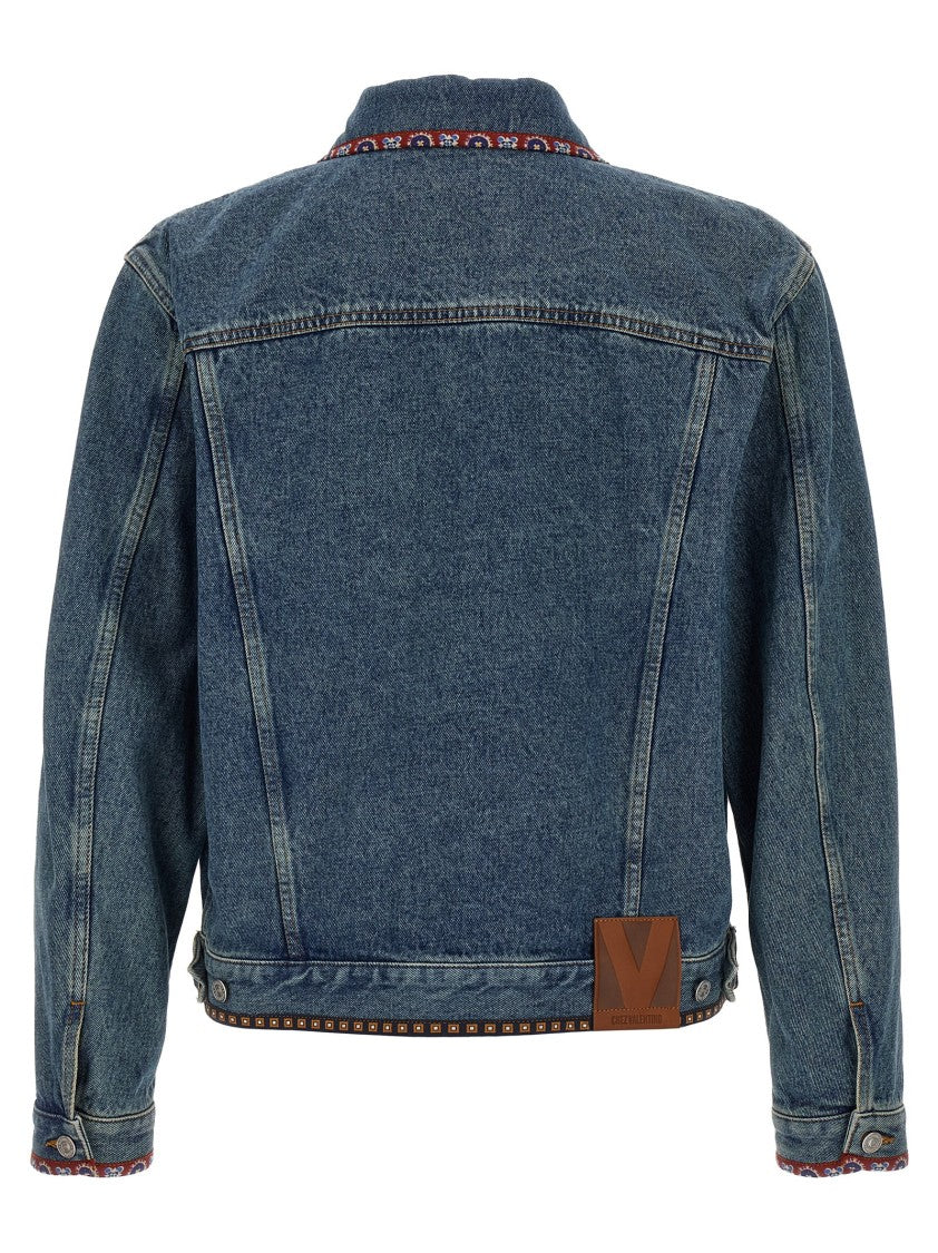 Valentino Garavani Beaded Embroidered Denim Jacket With Floral Piping