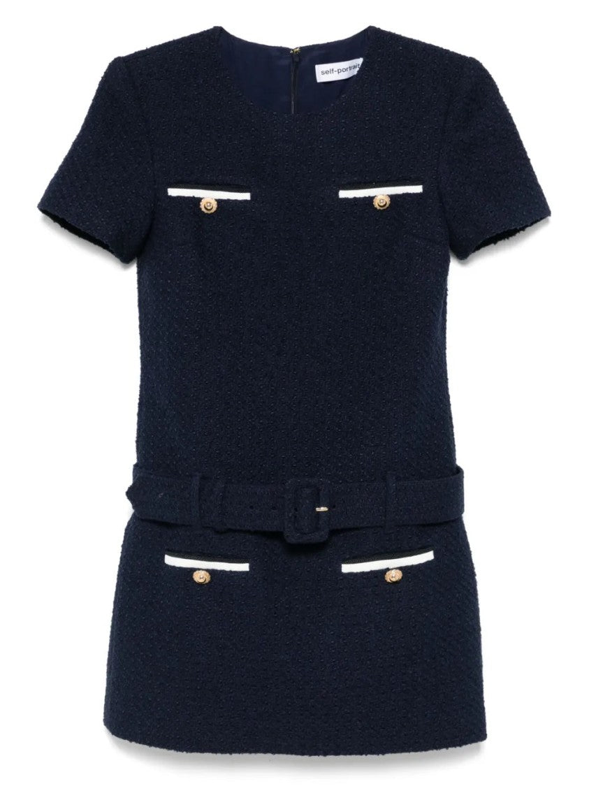 Self-Portrait Textured Bouclé Mini Dress With Fitted Silhouette And Belted Waist
