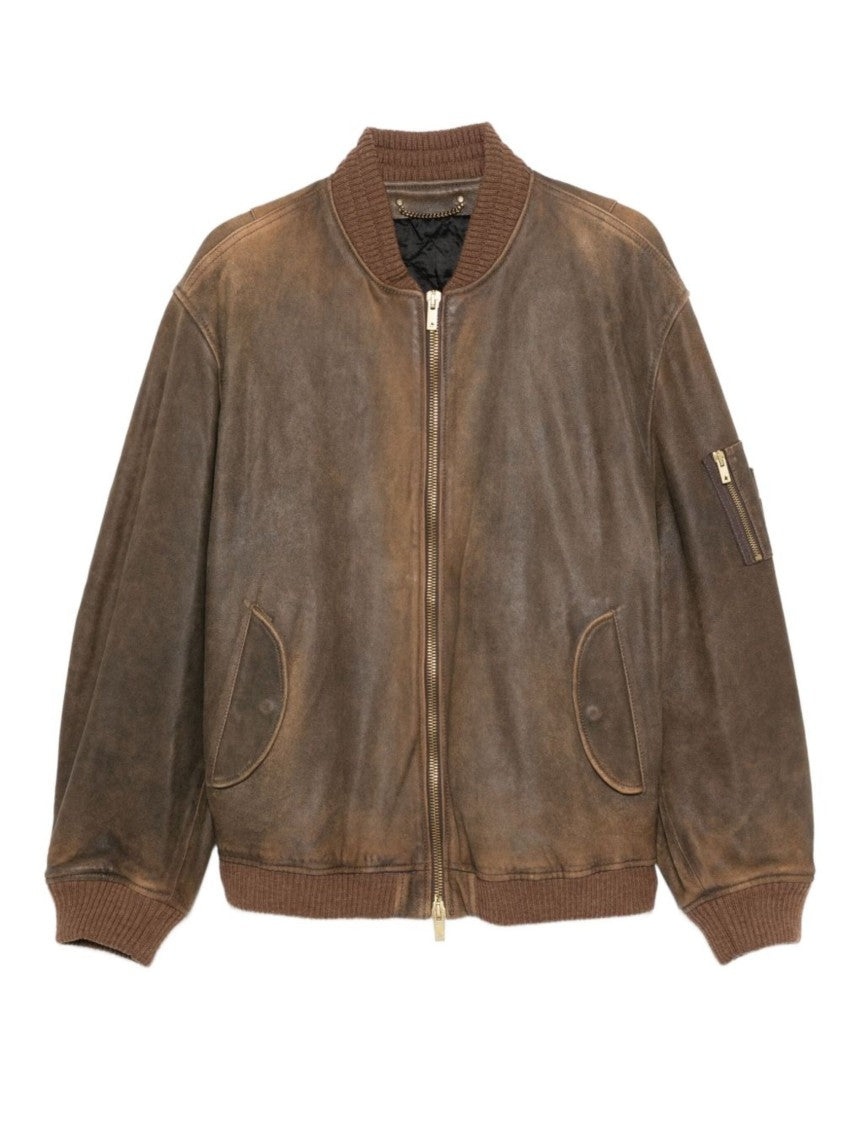 Golden Goose Distressed Brown Padded Leather Bomber Jacket