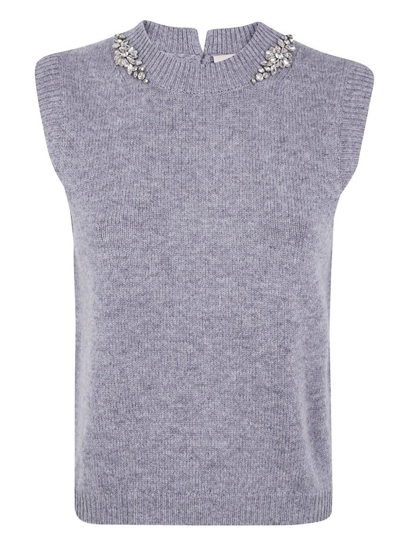 Semi Couture Elegant Light Grey Gilet With Crystal Embellishments