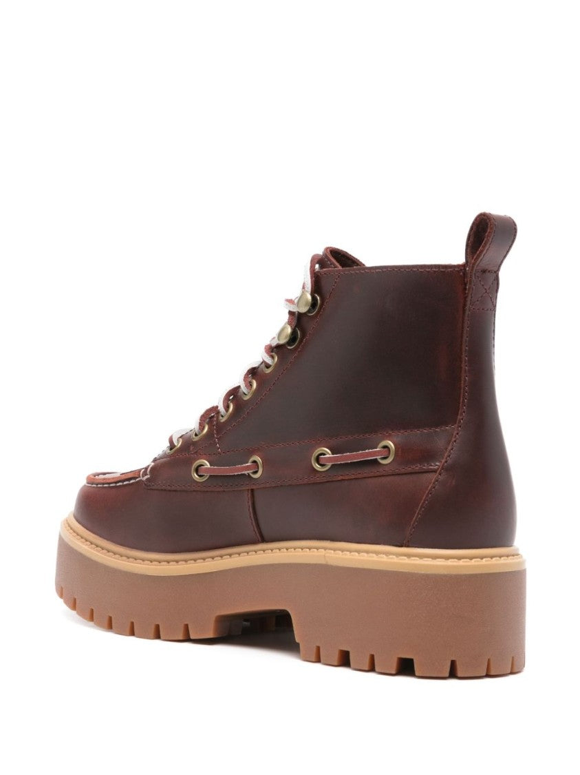 Timberland Bordeaux Leather Ankle Boots With Moccasin Stitching