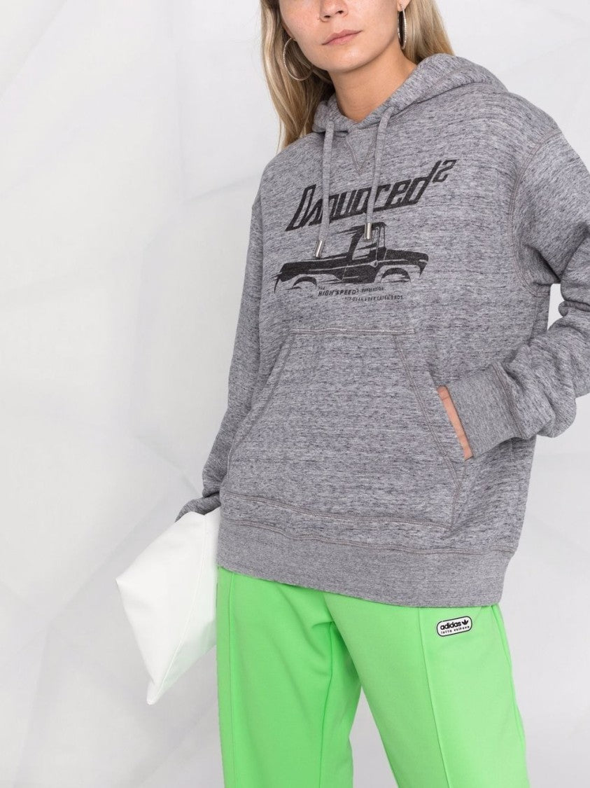 Dsquared2 Heather Grey Truck-Print Hoodie With Rhinestone Detail
