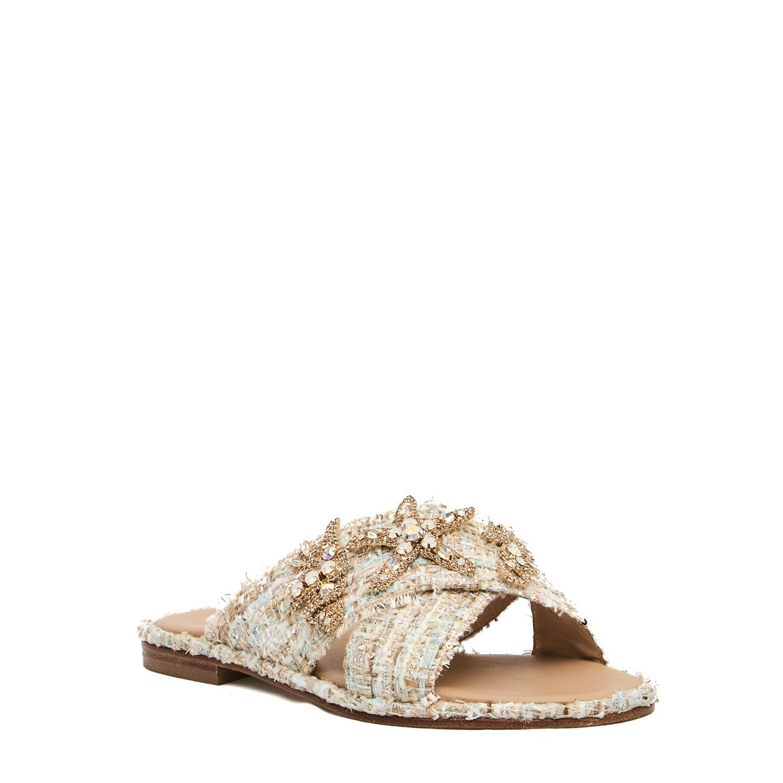 Paola Fiorenza Blue And Pink Bouclè Slipper With Rhinestones