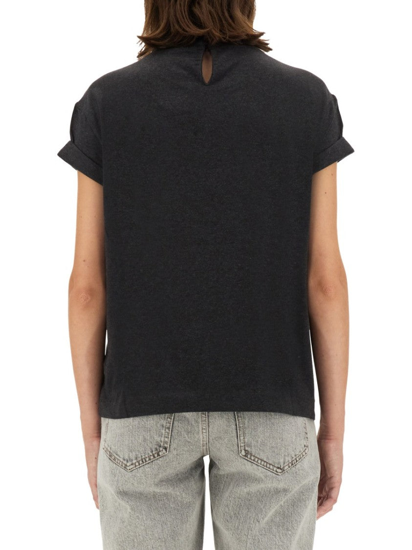 Brunello Cucinelli Classic Black Jersey T-Shirt With Subtle Keyhole Detail