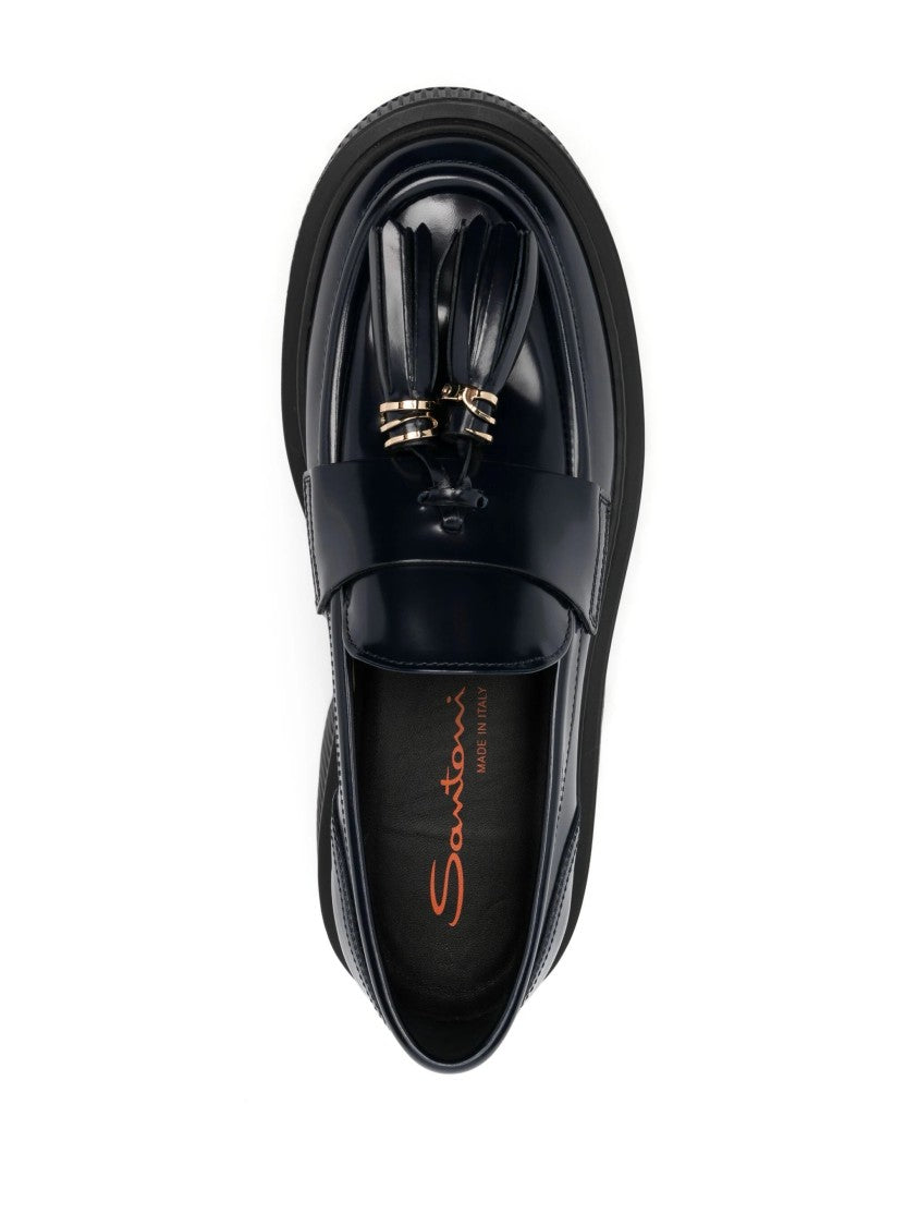 Santoni Tassel Detail Closed Blue Loafers
